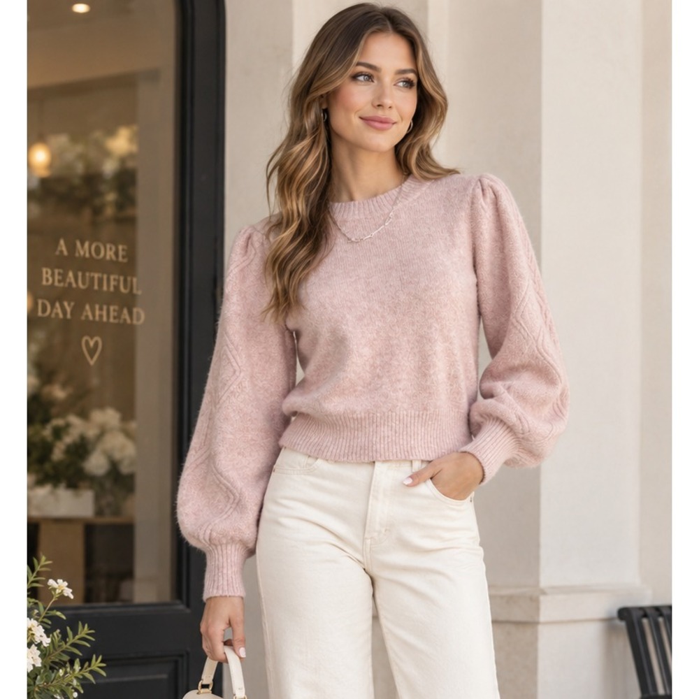 Gentle Fawn Womens Sweater M Pink Balloon Sleeve Cable Knit Cropped Cottagecore